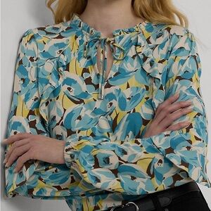 NWT Lauren Ralph Lauren Floral Ruffle-Trim Jersey Tie-Neck Top Size SP
